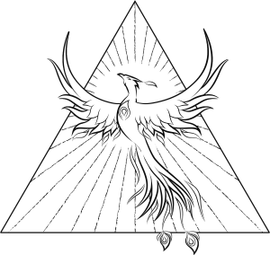 Une illustration en triangle avec un oiseau les plumes en feu